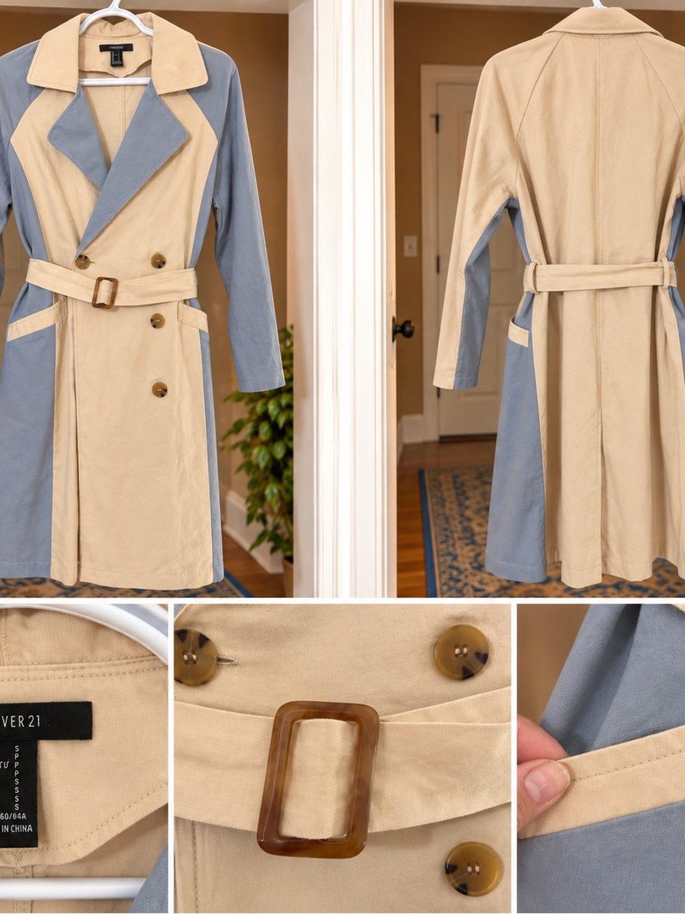 Forever 21 Beige and Blue Trench Coat with Contrast Panels
